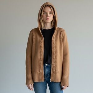 Vintage J. Crew 100% Wool Women's Tan Cable Knit Hooded Zip Up Sweater